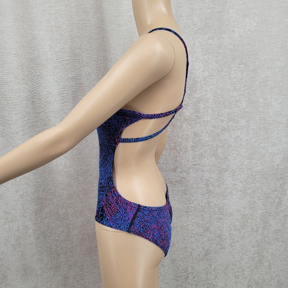 Speedo Endurance Blue Purple Hot Pink Patterned One Piece Swimsuit Open Back - Picture 3 of 16